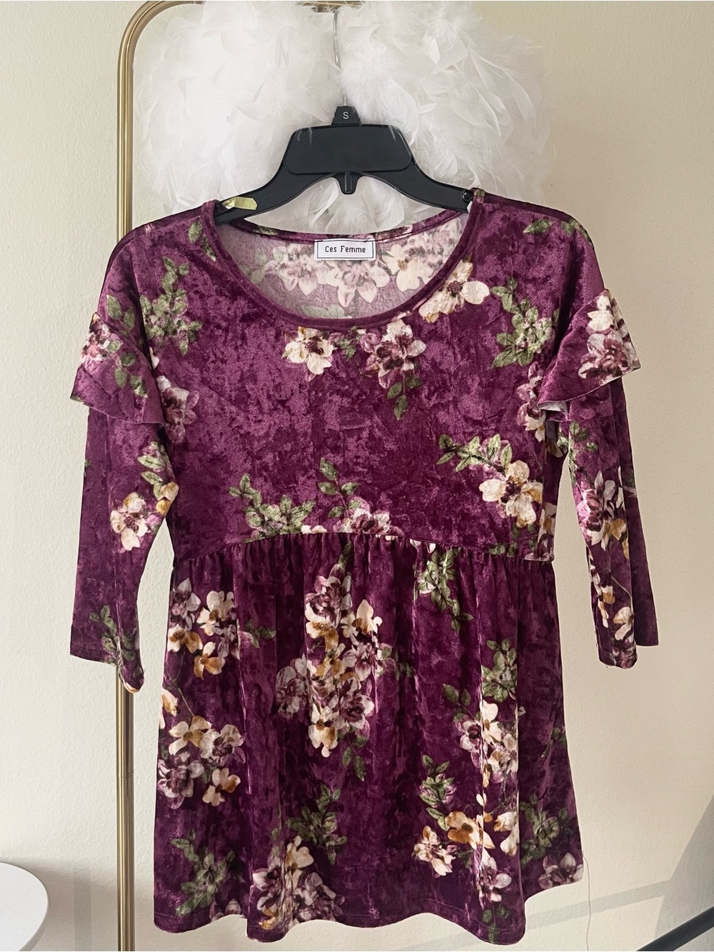Velvet baby doll ruffle shoulder top